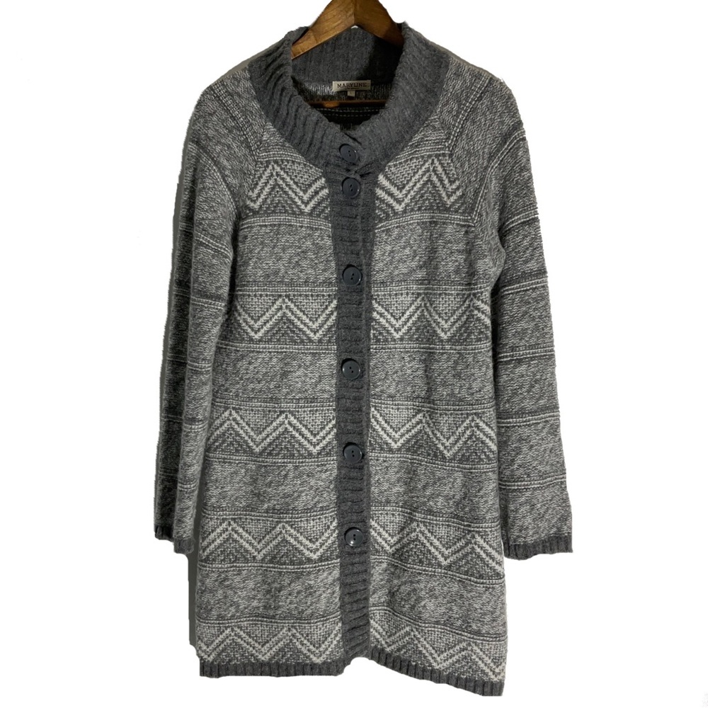 Maryline Italian Made Wool Blend Grey & White Tunic Length Button-Up Sweater LG